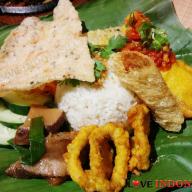 Fried Fish Fillet, Tomato Turmeric Saice, and Netted Seafood Roll Fragrant Rice