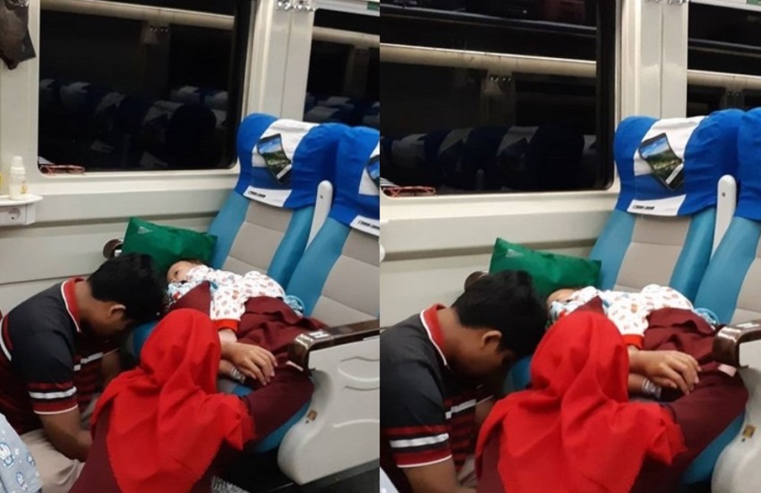 Viral Foto Orangtua Duduk di Lantai Kereta Demi Anak, Kisah Dibaliknya Mengharukan